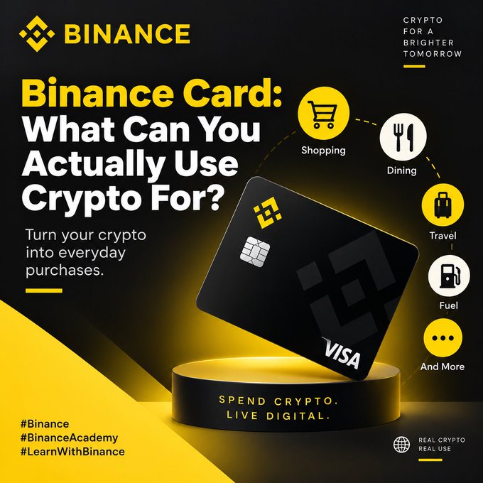 A Binance promotional graphic featuring the Binance Visa Card on a yellow-lit pedestal, highlighting everyday crypto use categories (Shopping, Dining, Travel, Fuel, And More) alongside the tagline "Spend Crypto. Live Digital." and the campaign slogan "Crypto for a Brighter Tomorrow," which visually reinforces the post's message about converting crypto into practical daily purchases rather than just holding it.