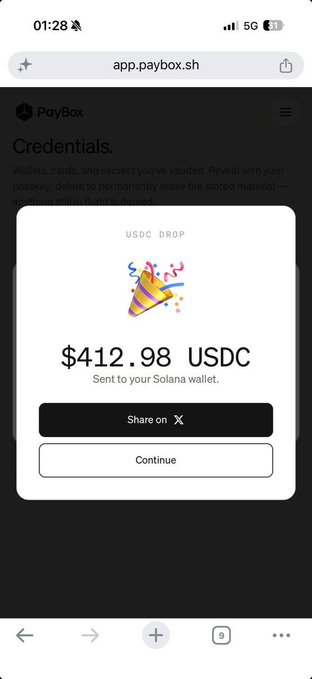 The image shows a PayBox app screen displaying a USDC drop of $412.98 sent to a Solana wallet, featuring a "Share on X" button. This relates to the post's claim about MoonPay giving away substantial money without much effort, as the screenshot showcases a significant $412.98 USDC reward received from the platform.