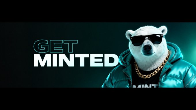 A stylized polar bear wearing black sunglasses and a gold chain, dressed in a shiny teal puffer jacket, poses next to the bold text 'GET MINTED' against a dark background.