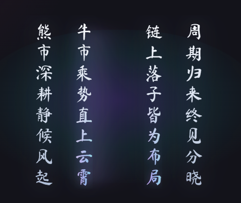 Four vertical columns of Chinese calligraphy text on a dark background, appearing to be a poem about cryptocurrency markets including characters like 牛 (bull), 熊 (bear), 币 (coin), 链 (chain), and 落子 (placement).