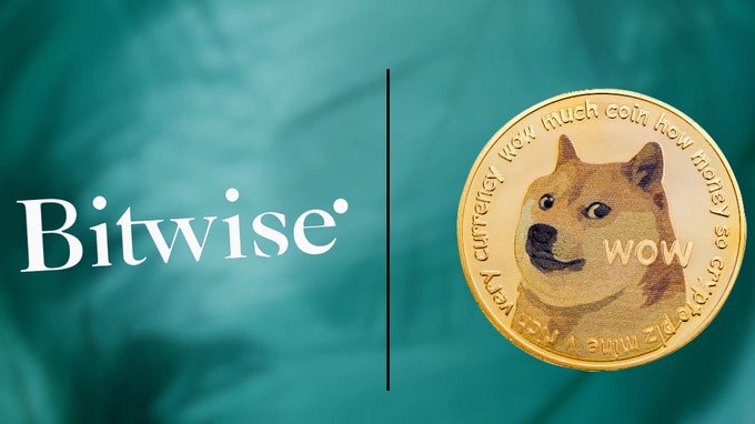 A promotional graphic for Bitwise featuring the company name in white text next to a Dogecoin coin with the Shiba Inu dog illustration, set against a teal background.
