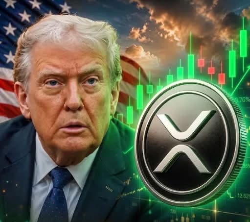A political and financial-themed composite image featuring a man resembling Donald Trump on the left side with the American flag behind him, juxtaposed with a large XRP (Ripple) cryptocurrency coin and a green rising candlestick chart on the right.