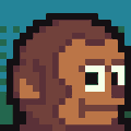Pixel art icon showing the head of a character with brown hair, a beard, and one visible eye against a teal background.