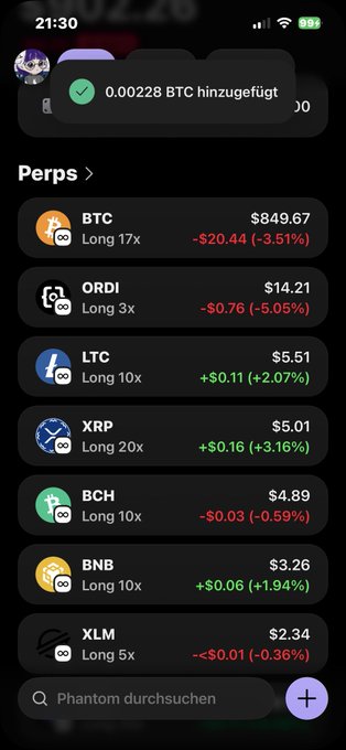 The image displays a screenshot of an iPhone screen with information about Bitcoin transactions. The primary focus is on the list of Bitcoin transactions, which includes several icons representing different cryptocurrency exchanges and amounts of money involved in each transaction. Additionally, there are labels for some names associated with these exchanges or transactions, such as Long 17x Bitcoin Cash and Btc hedge funds, among others. A green "Perps" button can be seen next to the main list on the screen, possibly indicating that a user has selected this information.