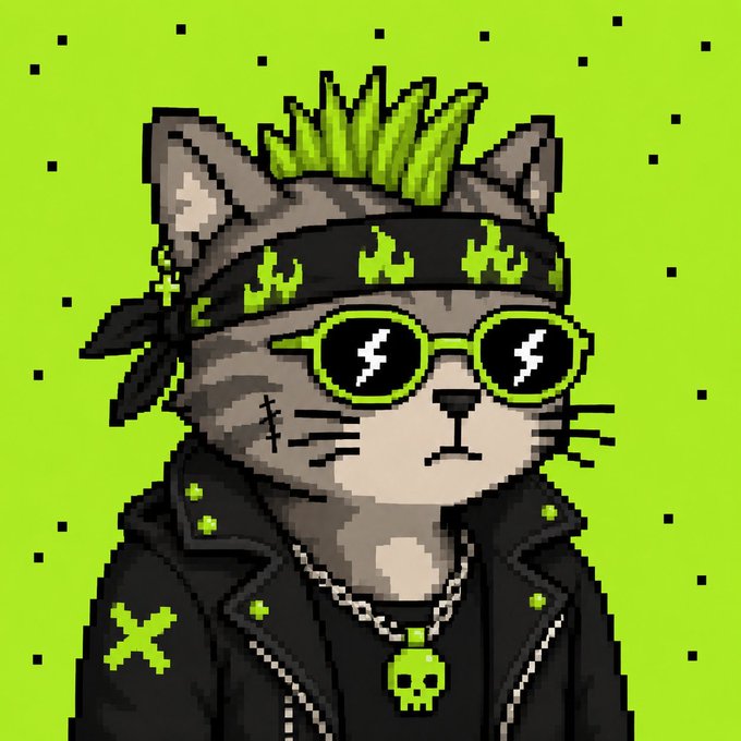A pixel art cat with a green mohawk, lightning bolt sunglasses, and a skull necklace wears a bandana and leather jacket against a neon green background, promoting a giveaway for the "meowies hood" NFT collection.