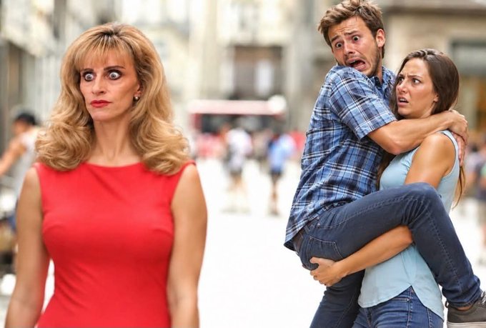 A humorous photo showing a shocked-looking blonde woman in a red dress alongside a panicked couple, with the man being carried by a frightened woman, set against a blurred city street.