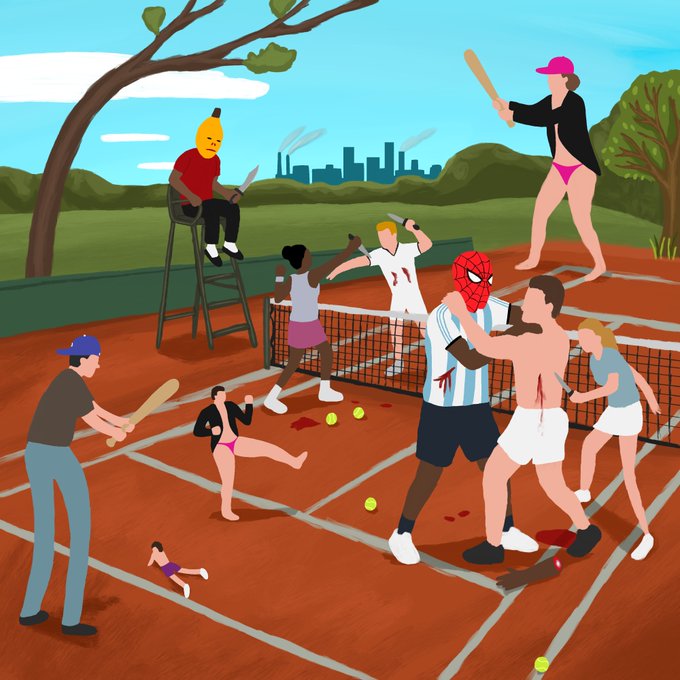 A cartoon illustration depicts a chaotic tennis match with players wielding bats and knives, a Spider-Man-masked figure, scattered tennis balls, and blood stains on the clay court.