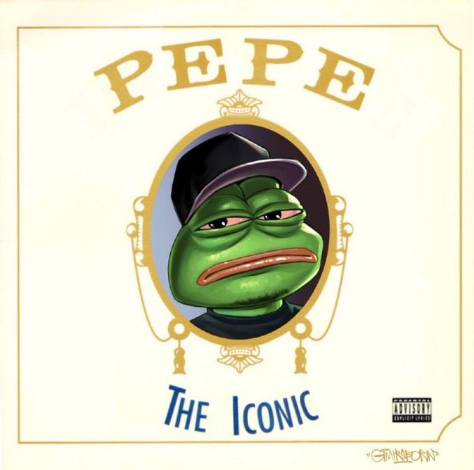 An album cover or poster features the cartoon character Pepe the Frog wearing a hat, with 'PEPE' in gold lettering at the top and 'THE ICONIC' at the bottom, marked with a Parental Advisory Explicit Content label.