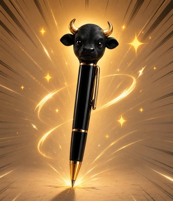 A black pen topped with a bull figurine stands upright with golden sparks swirling around it. The image visually reinforces the post's play on the $BULLPEN ticker, with the bull-headed pen symbolizing the project's mascot and the idea of "recording history."