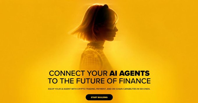 The image showcases a stylized silhouette of a person against a vibrant yellow background, featuring the text "CONNECT YOUR AI AGENTS TO THE FUTURE OF FINANCE" and "EQUIP YOUR AI AGENT WITH CRYPTO TRADING, PAYMENT, AND ON-CHAIN CAPABILITIES IN SECONDS," along with a "START BUILDING" call-to-action button. This visual directly supports the post by promoting Binance's new Agent OS, emphasizing the platform's role in enabling AI-powered trading and financial applications.