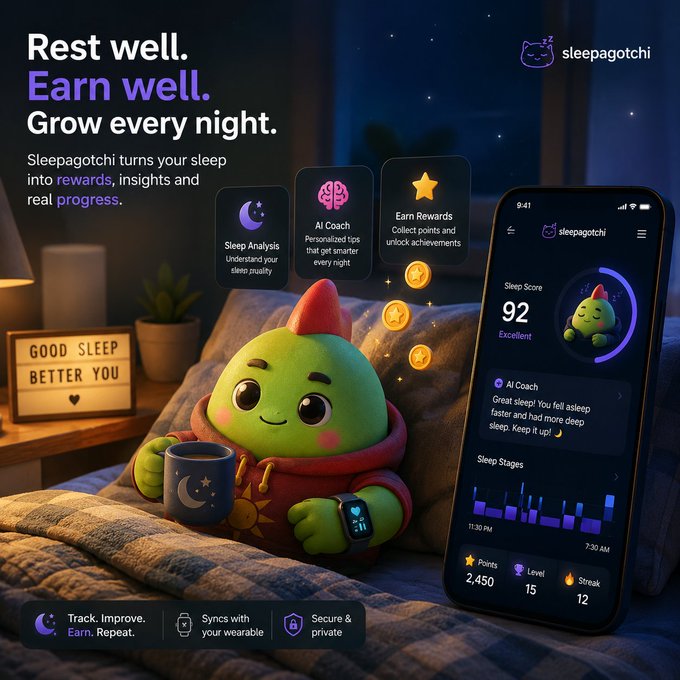 The image features an advertisement for a sleep app that tracks users' sleep patterns and provides personalized insights to help them improve their sleep quality. The app is designed to help people achieve better sleep by providing real-time data about their sleeping habits, such as the number of hours slept, sleep cycles, and even the time spent in different stages of sleep.

The image shows a green robot figure sitting on a bed with a cup of coffee next to it. The robot is wearing a red hat and holding a cup of coffee while looking at its phone screen displaying information about their sleep patterns. The text accompanying the image reads, "Why only sleep when you can grow and earn with @sleepagotchi? The AI coach is excellent, syncing seamlessly with my wearable and delivering more personalized insights every night."
