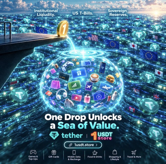 A promotional graphic for "tether | USDT Store" featuring a golden coin dropping into a pool of digital items, with text reading "One Drop Unlocks a Sea of Value." and "Institutional Liquidity. US T-Bills. Sovereign Reserves."