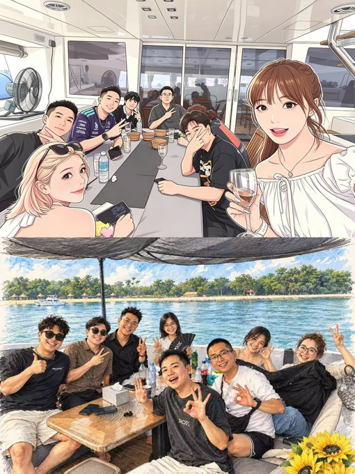 Composite image showing an illustrated anime-style rendering of a group of people on a boat above a real photo of the same group posing on a boat in tropical waters.