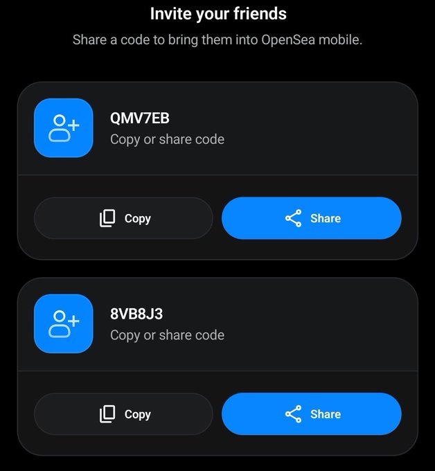 An OpenSea mobile invite screen displays two referral codes, 'QMV7EB' and '8VB8J3', each with 'Copy' and 'Share' buttons.