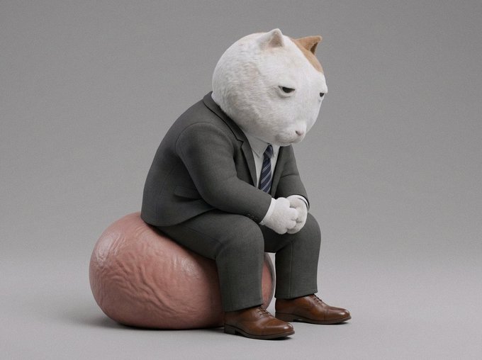 A suited cat figurine sits dejectedly atop a fleshy, brain-like ball, embodying the "ball knower" meme by humorously portraying an overthinking office worker perched on their own thoughts.