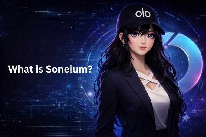 A digital artwork featuring an anime-style woman wearing a black cap with 'olo' written on it and a black blazer, posed against a cosmic blue background with the text 'What is Soneium?' displayed on the left.