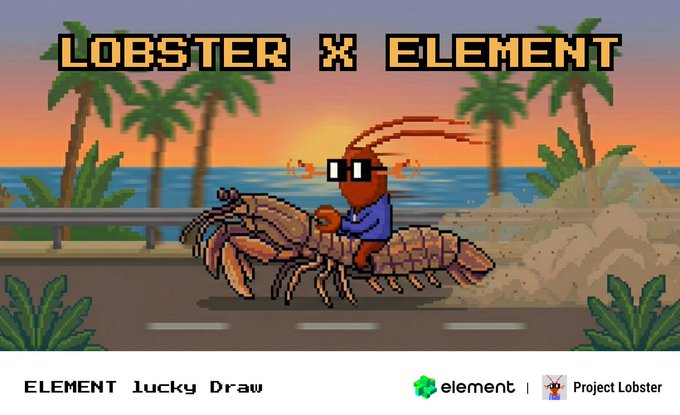The image features a cartoon lobster riding a car, with text that reads "Lobster x Element". The background shows a beach scene with palm trees and water. There are also some text elements in the image such as "@Element_Market" and "@mint", which may be related to an event or promotion involving the element mint.