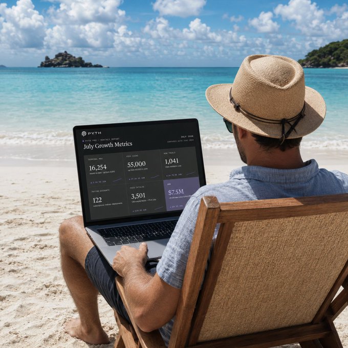 A man wearing a straw hat sits in a wooden beach chair using a laptop displaying a 'PYTH' 'July Growth Metrics' dashboard with the ocean in the background.