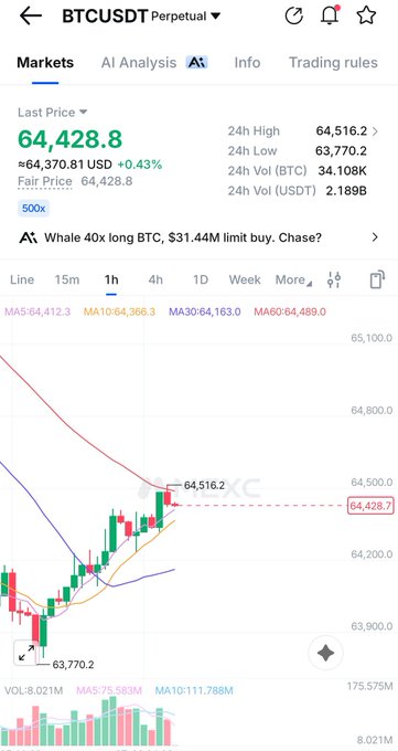 A cryptocurrency trading app screenshot displaying the 'BTCUSDT Perpetual' market with a last price of '64,428.8', a 24-hour high of '64,516.2', and a 1-hour candlestick chart showing price action along with moving averages (MA5, MA10, MA30, MA60).