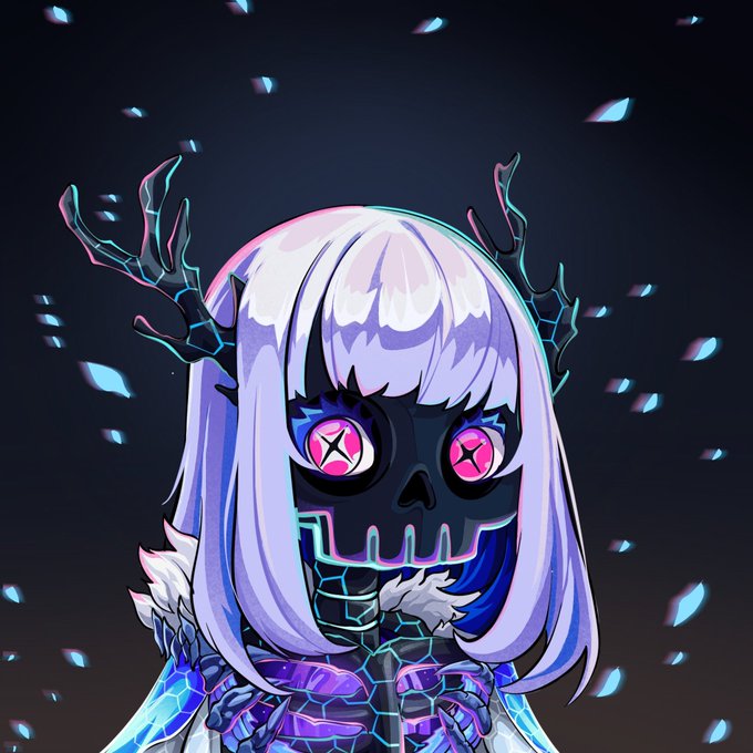 Anime-style digital illustration of a character with white hair, glowing pink X-marked eyes, dark skeletal features, and dark antler-like horns, with blue crystal particles floating against a dark background.