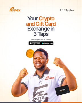 This appears to be a promotional graphic for Apex Network, featuring the text "Your Crypto and Gift Card Exchange In 3 Taps" alongside the www.apexnetwork.co website, App Store, and Google Play download links. The image shows a smiling man wearing an Apex-branded "IGNITE" shirt, celebrating with raised fists while holding a Bitcoin coin and an Amazon gift card, highlighting the platform's crypto and gift card exchange services that are being celebrated in the company's 6th anniversary post.