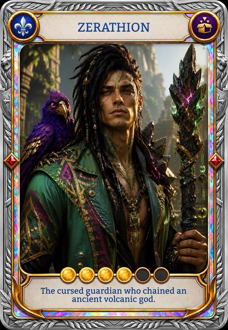 A fantasy trading card labeled 'ZERATHION' depicting a long-haired character with a purple bird on his shoulder and a dark crystalline staff, with the caption 'The cursed guardian who chained an ancient volcanic god.'