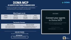 A website screenshot for 'DOMA MCP' with the headline 'AI AGENTS CAN TRADE COMPANIES NOW' and a section titled 'Connect your agents to Doma MCP'.