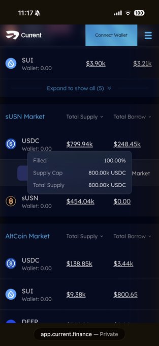 A mobile screenshot of the Current.finance app showing cryptocurrency markets including SUI, sUSN, and AltCoin Market data with supply and borrow figures in dollars.