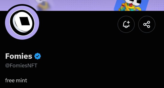 Social media profile for 'Fomies' (@FomiesNFT), verified, with the description 'free mint' on a dark background.