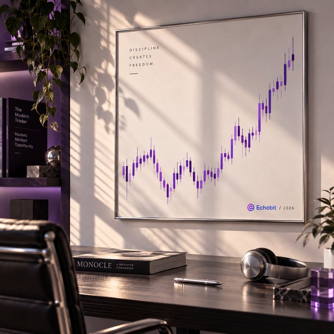 A framed poster on a wall displays a purple candlestick chart with the text 'DISCIPLINE CREATES FREEDOM' and '© Echobit / 2026', above a desk with a Monocle book, headphones, and a pen.