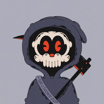 A cartoon illustration of a grim reaper character with a skull face featuring red eyes, wearing a dark hooded robe, with 'SEE U SOON !!' written on the scythe blade.