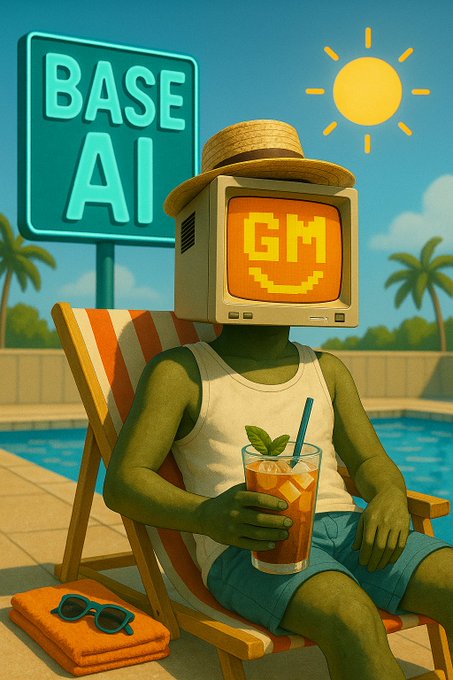 A retro-style illustration of a character with a vintage computer monitor for a head displaying 'GM' with a smiley face, sitting poolside with a drink, with a 'BASE AI' sign in the background.