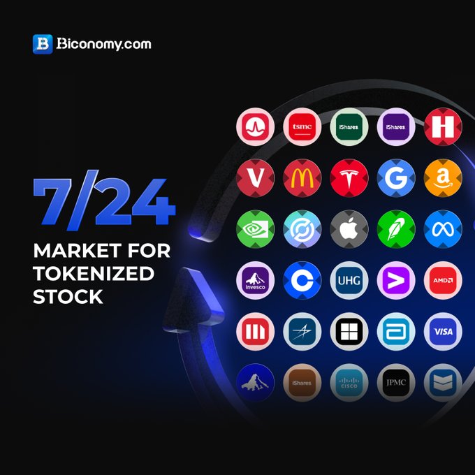 A promotional graphic from Biconomy.com advertises "7/24 MARKET FOR TOKENIZED STOCK" with a grid of 30 colorful circular icons representing major companies and brands including Apple, Tesla, McDonald's, Google, Amazon, NVIDIA, AMD, Invesco, Microsoft, Visa, JPMorgan, and Cisco, visually supporting the post's message about bringing traditional stocks on-chain for 24/7 borderless trading.