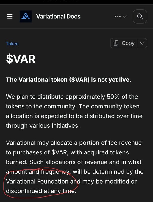 A screenshot from Variational Docs about the $VAR token, stating it is not yet live. The text explains that approximately 50% of tokens will be distributed to the community and mentions that revenue allocations will be determined by the Variational Foundation, with a red circle highlighting this latter part.