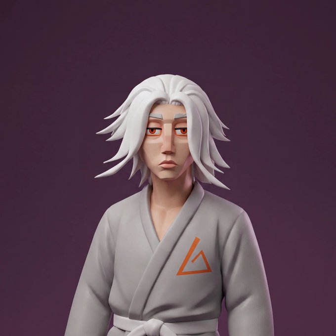 A 3D-rendered anime-style character with white spiky hair, orange eyes, and a serious expression, wearing a gray kimono with an orange triangular logo.
