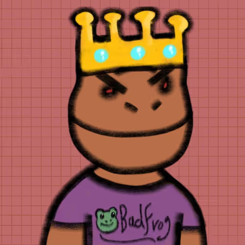 A cartoon frog character wearing a yellow crown and a purple t-shirt with a 'Bad Frog' logo on a pink graph-paper background.