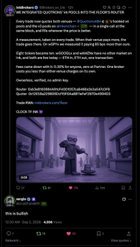A tweet from InkBrokers (@inkbrokers_io) announces their integration of QUOTRONS' v4 pools into "The Floor," highlighting features like zero-tick size quotes and SOL/USDC/USDC+ support. A attached video with the caption "CLOCK IT FR" shows someone walking down a dimly lit hallway.