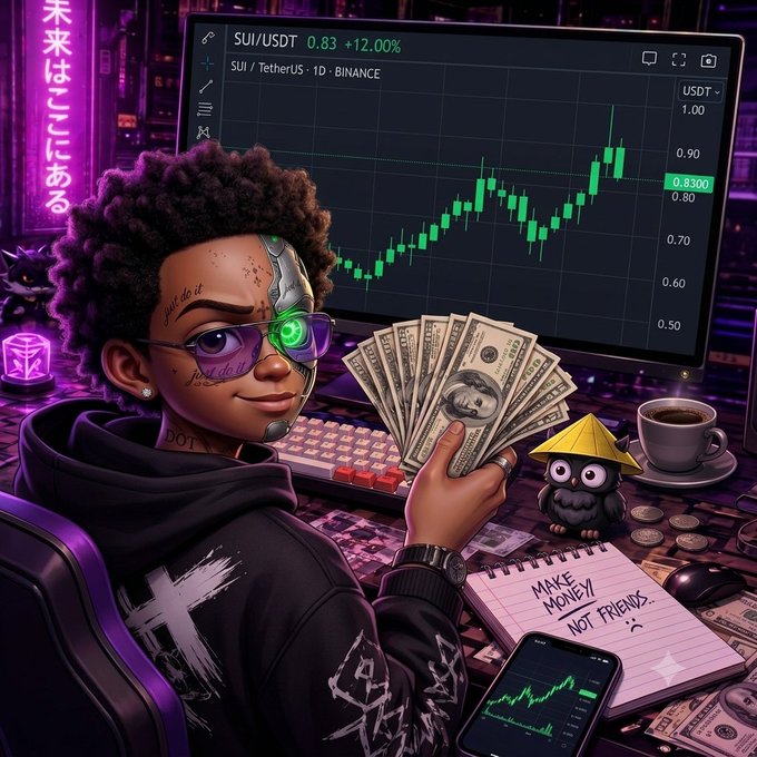 A cyberpunk-styled crypto trader with a robotic eye and "$UI" face tattoo holds a fan of cash in front of a monitor displaying the SUI/USDT chart at 0.83 (+12.00%) on Binance, with a notebook reading "MAKE MONEY NOT FRIENDS" and a phone showing matching gains—visually answering the "Are you winning, Anon?" post with a clear bullish flex for the $SUI weekend crowd.