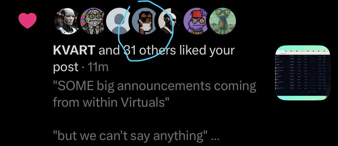 An Instagram notification shows that **KVART and 31 others** liked a post teasing "SOME big announcements coming from within Virtuals," with the post continuing "but we can't say anything." A blue hand-drawn circle highlights a profile (likely ethermage) among the likers, corresponding to the caption's excitement that "boss @ethermage" liked the announcement post.