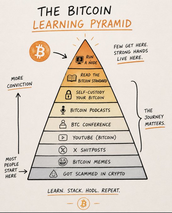 An infographic titled 'THE BITCOIN LEARNING PYRAMID' showing stages of cryptocurrency knowledge, starting at the base with 'GOT SCAMMED IN CRYPTO' and ascending to 'RUN A NODE' at the top, with the motto 'LEARN. STACK. HODL. REPEAT.'