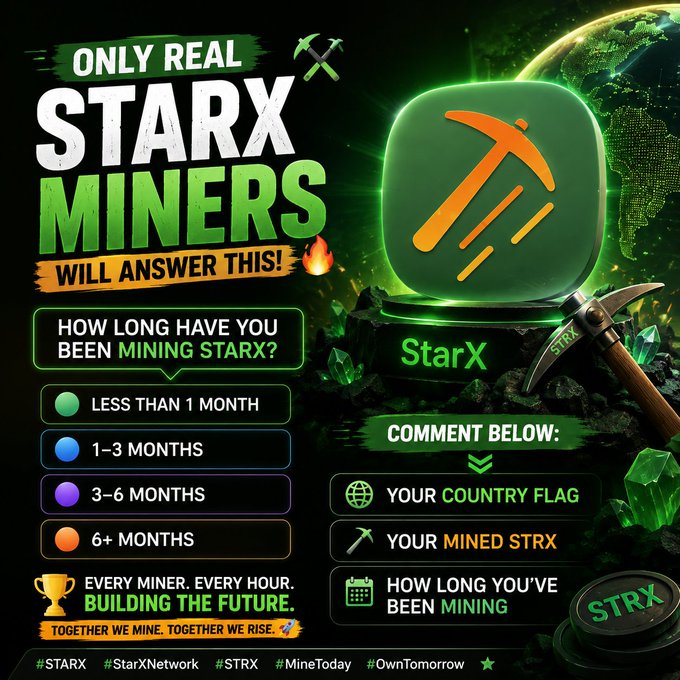 A promotional graphic for 'StarX' cryptocurrency mining, asking 'Only Real StarX Miners Will Answer This!' with options for mining duration and a 'STRX' logo.