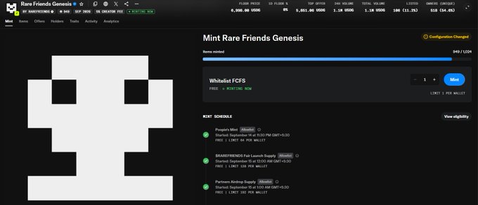 A webpage screenshot from Rarible showing the 'Rare Friends Genesis' NFT mint page with a pixel art skull icon and a mint schedule.