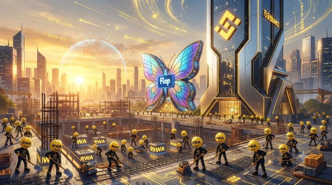 A futuristic cityscape at sunset featuring a Binance building, a large Flop butterfly logo, and construction workers with 'RWA' heads building on the streets below.