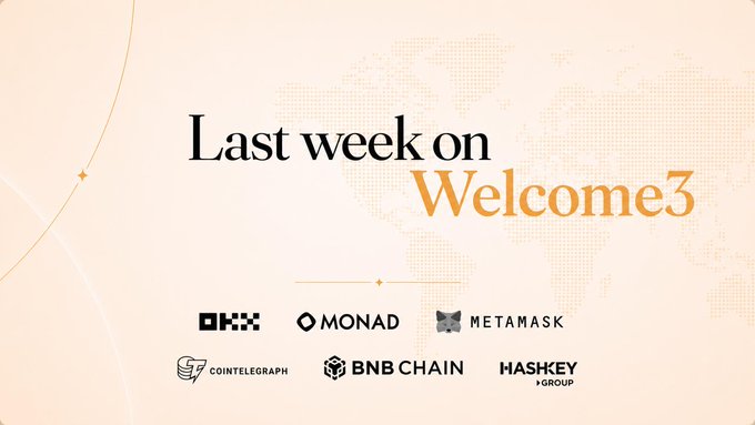 A beige promotional graphic titled 'Last week on Welcome3' featuring logos for OKX, Monad, MetaMask, Cointelegraph, BNB Chain, and HashKey Group.