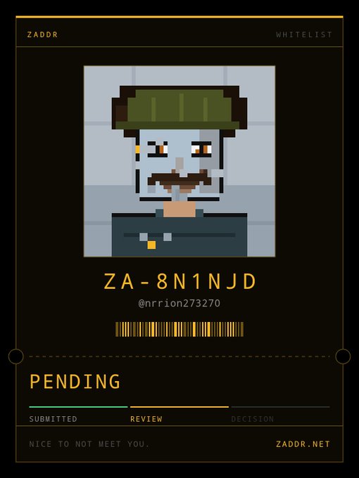 A pixel art whitelist card from ZADDR.NET showing a character with a green hat and mustache, with ID ZA-8N1NJD, username @nrrion273270, and a "PENDING" status bar.