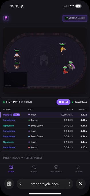A screenshot of the Trench Royale app displays a live predictions screen for a game, showing a player named Husk winning 4.3712 ANSEM.
