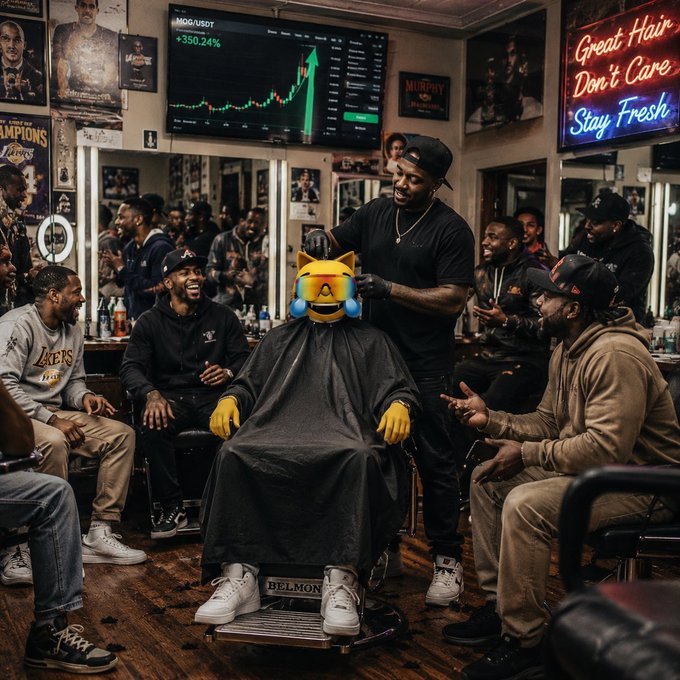 An AI-generated barbershop scene where a customer (face covered by a crying-laughing cat emoji) gets a haircut while others watch, with a stock chart showing "MOG/USDOT +350.24%" and a neon sign reading "Great Hair Don't Care Stay Fresh."