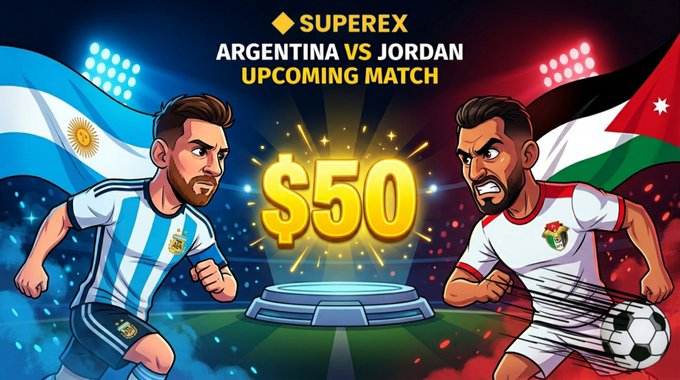 The image is a promotional graphic for a SuperEx "Argentina vs Jordan" upcoming match prediction challenge, featuring cartoon soccer players representing both countries with their national flags, alongside a glowing "$50" reward and a podium display.