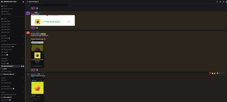A Discord screenshot from the Winners Circle DAO server displays messages from users reporting their successful mints of "The Doll Club" NFT, including one user who says they max minted 15 FCFS spots for 0.0129 ETH, with accompanying preview images of the colorful doll NFTs.