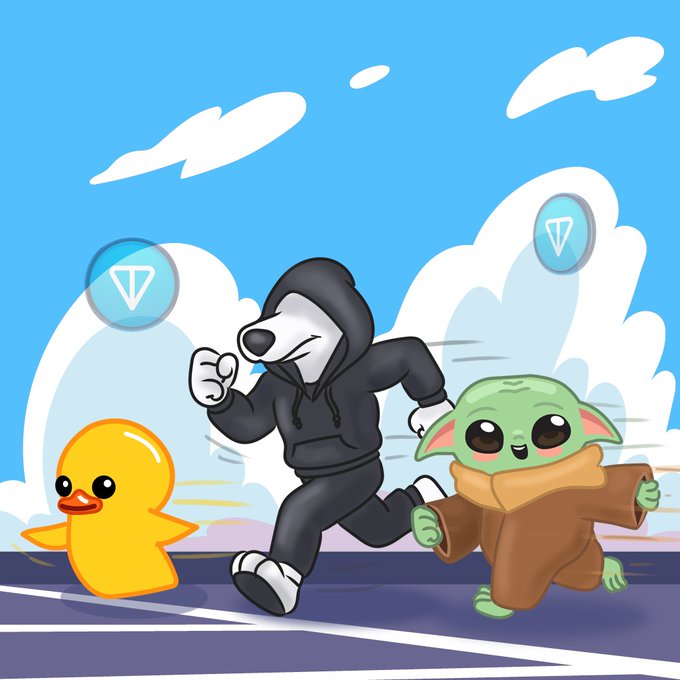 The image features a cartoon scene of a person running with a duck, while another character, a dog, follows behind them. The characters are depicted as cartoon figures, adding a playful and whimsical touch to the scene. The background includes clouds and blue skies, creating a sense of movement and energy in the image. The post about the characters' race seems to be referencing the popular animated series "Toon", which is known for its engaging storytelling and memorable characters.